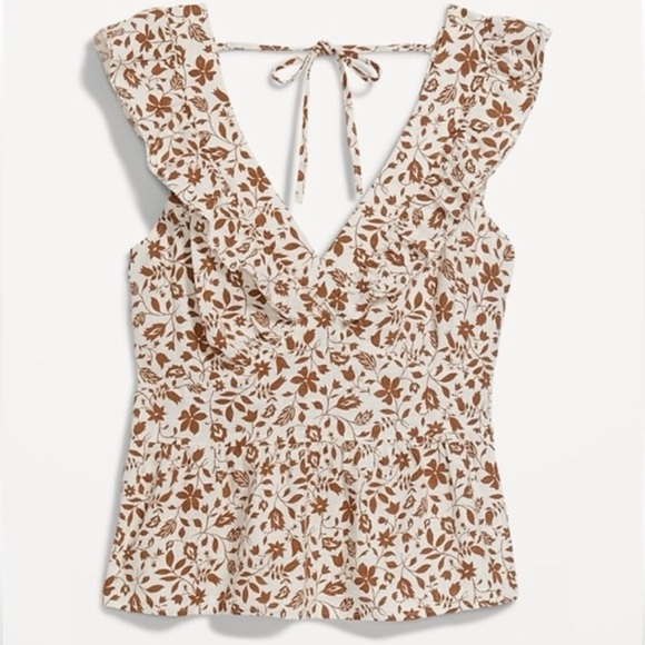 Old Navy Flutter Sleeve Peplum Tank Size XL Casual 100% Cotton Neutral Floral - Picture 1 of 13